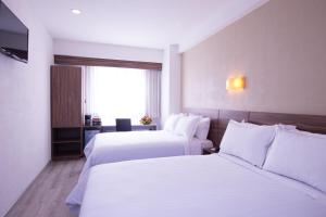 克雷塔罗Crown Victoria Hotel的酒店客房设有两张床和窗户。