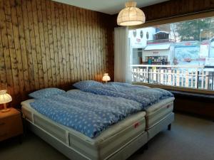 莱斯克伦斯Immeuble La Maya的一间卧室配有一张带蓝色床单的床和一扇窗户。