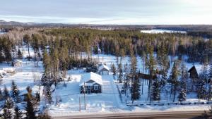 Saint-David-de-FalardeauLe Chalet de Claude, au pied des Monts-Valin的雪中教堂的空中景观