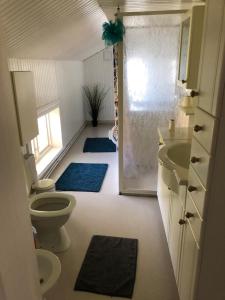 Disponenten的浴室设有卫生间和带蓝色地毯的淋浴。