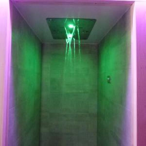 巴多利诺Boutique Hotel Bel Sito Wellness & Private SPA的浴室的天花板上设有绿色和紫色的灯
