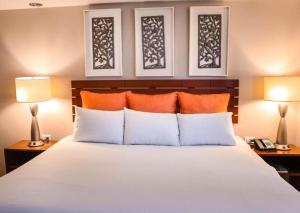 太子港乐广场酒店的一间卧室配有一张带橙色枕头的床和两盏灯。