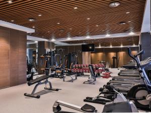 哈尔滨哈尔滨群力智选假日酒店的健身房拥有许多跑步机和机器