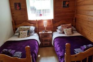 RudyardLuxurious lodge, Hot tub at Rudyard Lake, couples or small family的木墙客房的两张床