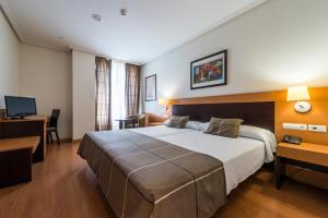 莱昂FC莱昂公主酒店的酒店客房设有一张大床和一张书桌。