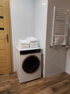 奥普尔Apartamenty Lawendowy Zakątek 5的浴室内配有洗衣机,并提供毛巾。