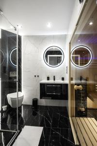 什切尔克Apartament Zacisze z prywatną sauną的一间带水槽、卫生间和两面镜子的浴室