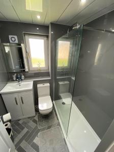 邓弗姆林Prime Commuter Executive Apartment Dunfermline的带淋浴、卫生间和盥洗盆的浴室