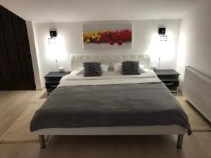 锡吉什瓦拉Toni Apartment的一间卧室配有一张带两盏灯的大型白色床。
