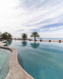 拉巴斯Playa de La Paz的一座棕榈树和海洋游泳池
