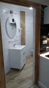 库多瓦-兹德鲁伊Apartamenty U Iwony Centrum miasta blisko Parku Zdrojowego的白色的浴室设有水槽和镜子