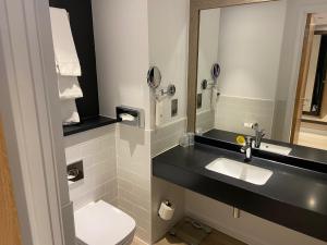 林肯假日林肯酒店的一间带卫生间、水槽和镜子的浴室