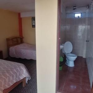 科帕卡巴纳阿雷格里港旅馆的一间带卫生间的浴室和一间带一张床的卧室