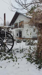 诺维萨德Moj salaš的雪中的房子,前面有轮子