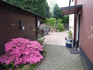 波鸿Ferienwohnung Bochum-Eppendorf的一座花园,旁边是一座粉红色的花卉