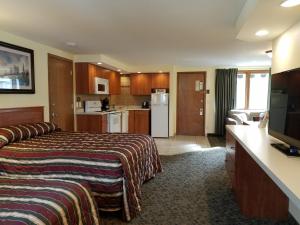 威斯康星戴尔Black Hawk Motel & Suites的酒店客房带一张床和一个厨房