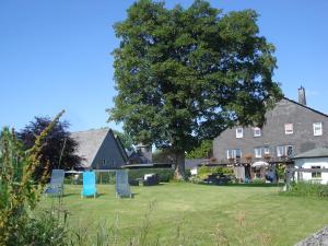 温特贝格B&B四季酒店的一个带椅子的院子,一棵大树和一所房子