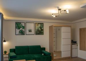 乌斯特卡Fargo的一间带绿色沙发的客厅和一间厨房