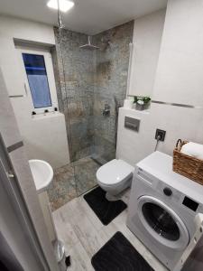 库多瓦-兹德鲁伊Apartament ALPa Kudowa Zdrój的浴室配有卫生间、盥洗盆和淋浴。