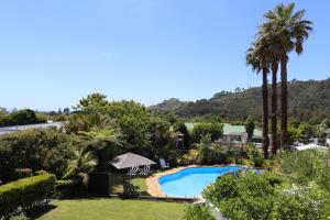 哈海哈海住宿加早餐旅馆的享有度假村的空中景致,设有游泳池和棕榈树