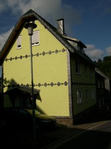 施泰纳赫Ferienwohnung Klaus im Tal der Steinach的黄色的房子,旁边有一幅画
