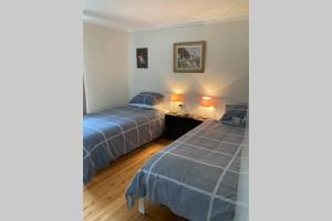 尼尔森湾Kookaburra Retreat的一间卧室配有两张床和两盏灯。