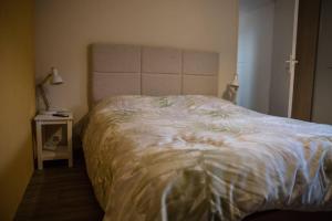 圣瑞尼安Les SPAS Insolites - Le SPA du Moulin的卧室配有一张带白色棉被的大床