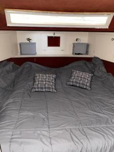 乌伊斯特勒昂Magnifique bateau maison的一张大床,上面有两个枕头