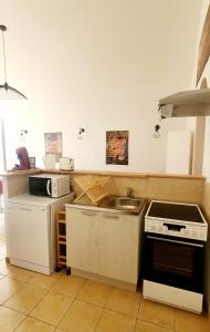 布鲁瓦Appartement "La Chocolaterie" en Centre-Ville linge inclus的厨房配有水槽和炉灶 顶部烤箱