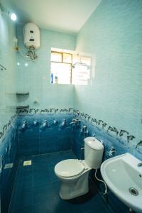 瓦尔恰Field stone Apartment的蓝色瓷砖浴室设有卫生间和水槽
