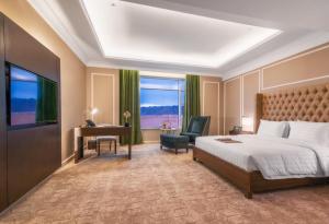 哈伊勒Suknai Royal Hotel的酒店客房配有一张床、一张书桌和一台电视。