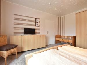 维斯马Spacious Holiday Home in Wismar Germany with Parasol的一间卧室配有一张床,并在橱柜上配有电视