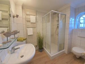 摩尔苏姆Hues-Sylt的一间带水槽、淋浴和卫生间的浴室