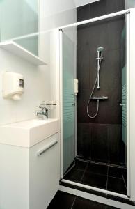 布鲁塞尔月亮酒店的带淋浴和盥洗盆的白色浴室