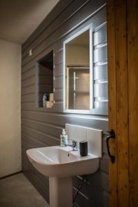 DromaraDans Wee Cottage Slieve Croob Dromara Castlewellan Newcastle的浴室设有白色水槽和镜子