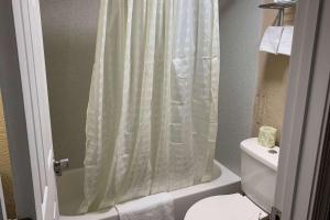 纽波特纽斯Super 8 by Wyndham Newport News的带淋浴帘和卫生间的浴室