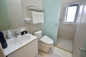 台东好時光電梯民宿的浴室配有卫生间、盥洗盆和淋浴。