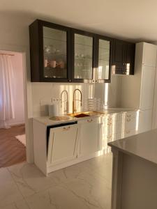 ZblewoApartament Złoty的厨房配有白色橱柜和水槽