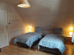 斯托尼拉斯奇Chata Lisa的木墙客房的两张床