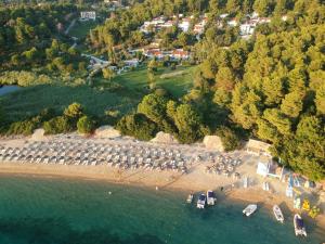 VromolimnosSkiathos Holidays Suites & Villas的享有海滩的空中景色,在水中划船