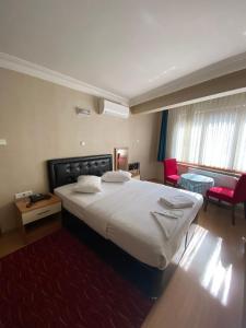 特拉布宗Bordo Hotel的一间卧室配有一张红色地毯的大床