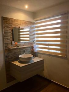 克雷尔HOTEL COLIBRÍ的一间带水槽的浴室和一个带百叶窗的窗户