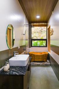 宁平Trang An Aroma Homestay的带浴缸、水槽和镜子的浴室