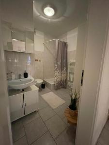 WitzwortPlätzchen im Herzen Nordfrieslands的白色的浴室设有水槽和淋浴。