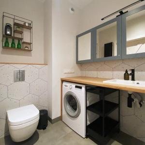 华沙3 Kolory - pokoje w mieszkaniu współdzielonym的一间带洗衣机和水槽的浴室