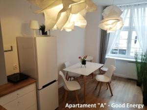 埃尔布隆格Apartament Elbląg GoodEnergy - Stare Miasto, Oldtown, Altstadt的厨房配有白色冰箱和桌椅
