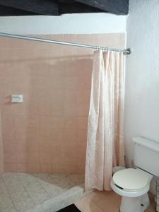 坎昆Margaritas101的带淋浴帘和卫生间的浴室