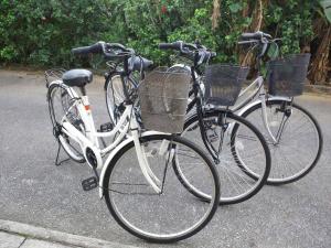 宫古岛都岛宾馆的两辆自行车停在路边,彼此相邻