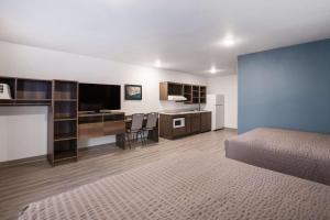 麦迪逊高地WoodSpring Suites Detroit Madison Heights的一间卧室配有一张床和一张书桌及电视