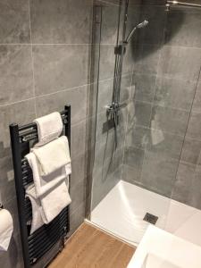 哈罗盖特Valley Mount House & Apartment的带淋浴的浴室和玻璃门